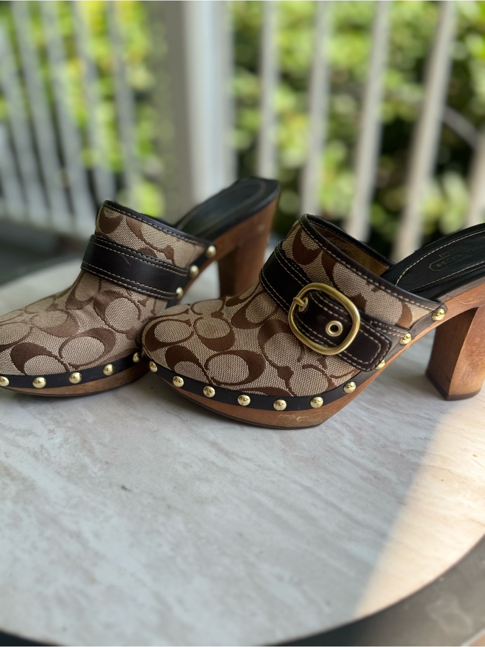 Coach Tan and Brown Logo Clog Mules with Gold Buckle - Picture 8 of 8